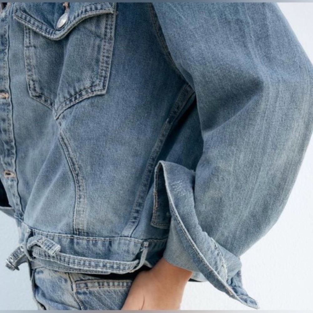 COPY ZARA Faded Distressed Soft Denim Belted Relaxed Fit Oversized Jacket NWOT S